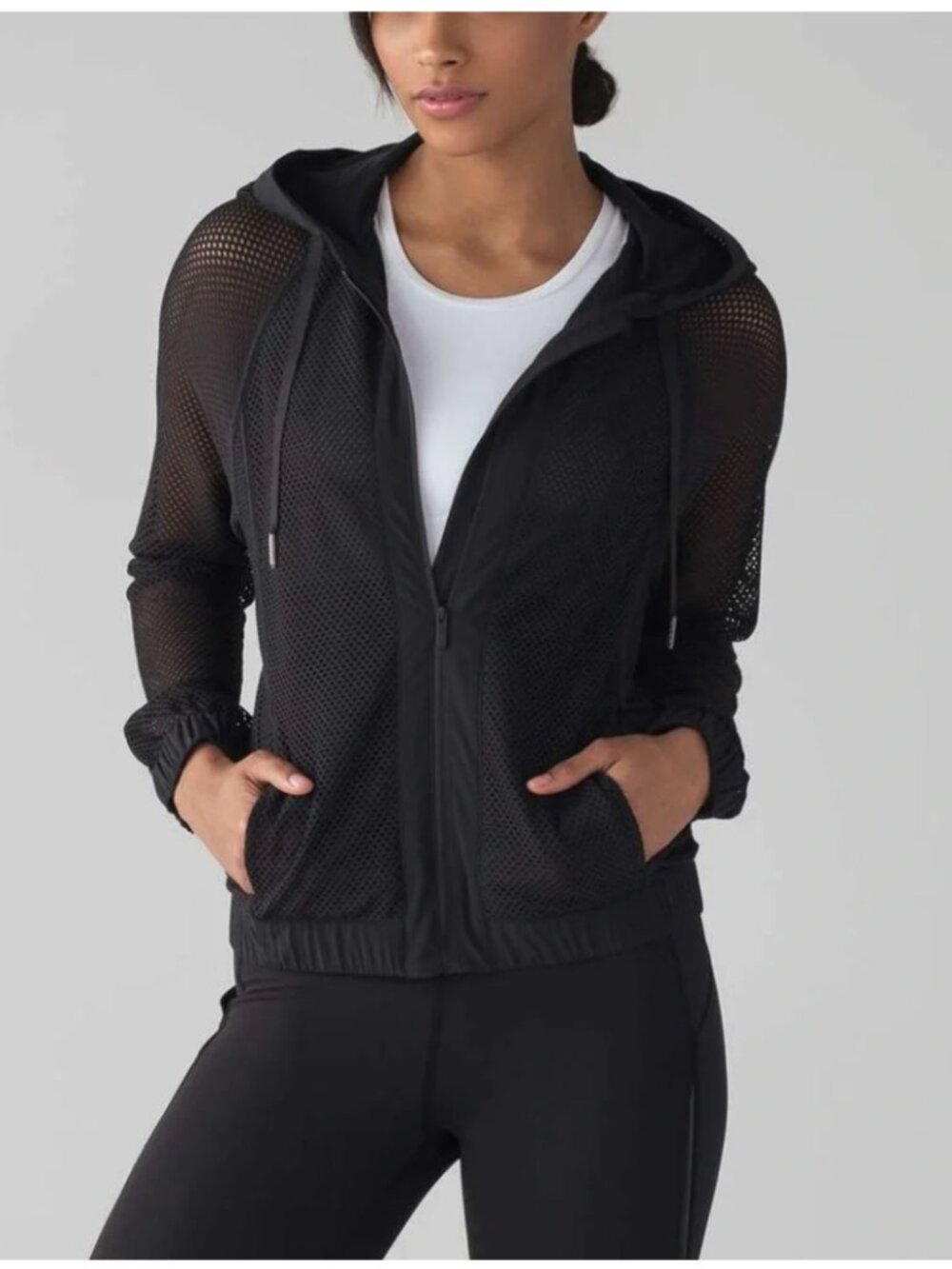 lulu lemon Jacket Womens Medium Black Mesh on Mesh Hoody Yoga Sporty ($148)